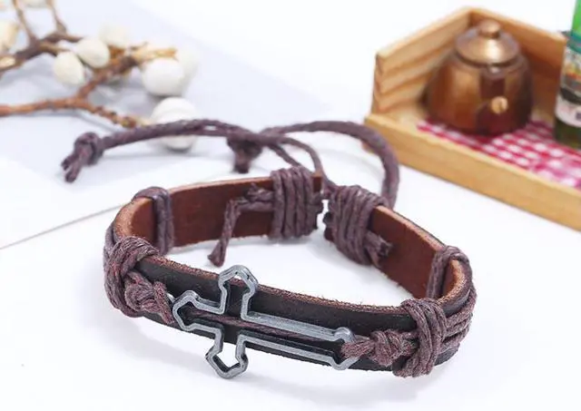 Alt view image 5 of 6 - Adjustable DIY hand Woven Cross Hand Cowhide Bracelet for Men Women Gift