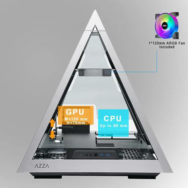 Alt view image 4 of 7 - AZZA PYRAMID 804L / PCIE 3.0 included / Gaming / CNC ATX Case / tempered glass / Aluminum Frame / Type-C Port / 1x120mm ARGB fan included