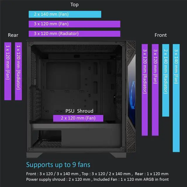 Alt view image 14 of 15 - AZZA ECLIPSE 440 / Gaming / ATX Mid-Tower  / Tempered Glass / Black / Steel   / 1 x 120mm ARGB fan included