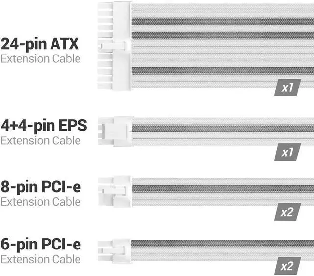 Alt view image 2 of 6 - AZZA ACAZ-002 / Power Supply Sleeved Cable / White / Silver / Power Supply Cable Extension Kit with Extra-Sleeved / 24 PIN 8PIN 6PIN 4+4 PIN / Combs / 11.8inch / 30cm