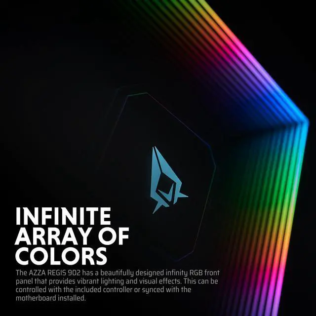 Alt view image 2 of 7 - AZZA Regis 902 / Luxury /  CNC ATX Case / 3-Sided Tempered Glass / Gold /  Aluminum Frame & Stand / Infinity ARGB Panel / 1 x 140 mm fan included / AZZA HUB included / Type-C Port