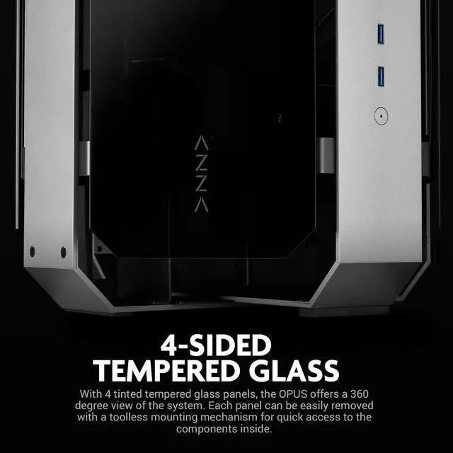 Alt view image 4 of 7 - AZZA Opus 809 / Gaming /  CNC ATX Case / 4-Side Tempered Glass / Silver / Dual Orientation - CNC-Milled Aluminum / PCIE 3.0 included / Type-C Port