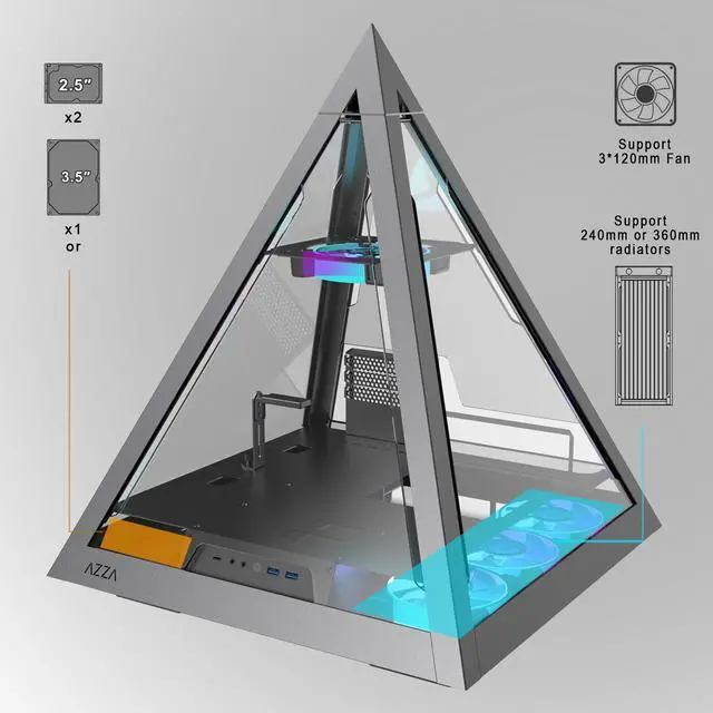 Alt view image 8 of 7 - AZZA PYRAMID 804L / PCIE 4.0 included / Gaming / CNC ATX Case /Tempered Glass / Aluminum Frame  / Type-C Port /1x120mm ARGB fan included