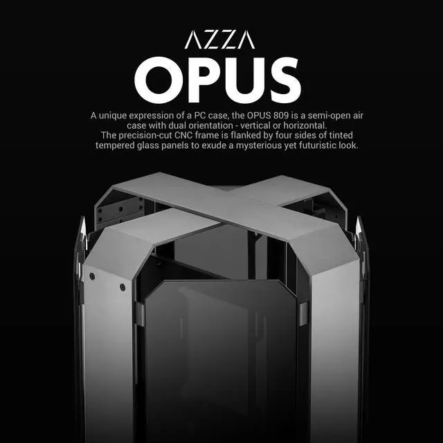 Alt view image 2 of 7 - AZZA Opus 809 / Gaming /  CNC ATX Case / 4-Side Tempered Glass / Silver / Dual Orientation - CNC-Milled Aluminum / PCIE 4.0 included / Type-C Port