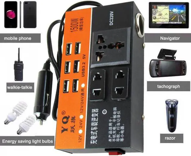 Alt view image 2 of 2 - Car Inverter 2000W Peak Power DC 12V 24V To AC 110V 220V Converter Splitter 6 USB Voltage Transformer Universal Socket Adapter