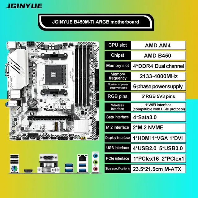 Alt view image 5 of 5 - JGINYUE B450M TI ARGB Motherboard AM4 Socket Ryzen 1000 - 5000 Processors Ryzen R3 R5 R7  CPU DDR4 3600 64GB Dual Channel Memory RAM Micro ATX M.2