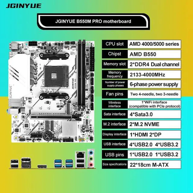 Alt view image 5 of 6 - JGINYUE B550M Pro Motherboard AMD Ryzen 4000 Series,WiFi ProSeries, AM4, DDR4 64GB, PCIe 3.0, SATA 6Gb/s, M.2, USB 3.2 Gen 2, HDMI/DP,  mATX