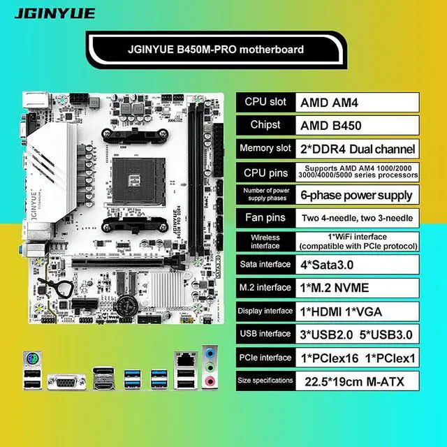 Alt view image 6 of 7 - JGINYUE B450M Pro AM4 Motherboard AMD Processor Dual-channel DDR4 Memory M.2 NVME (Supports Ryen  5500 5600 5600G CPU)
