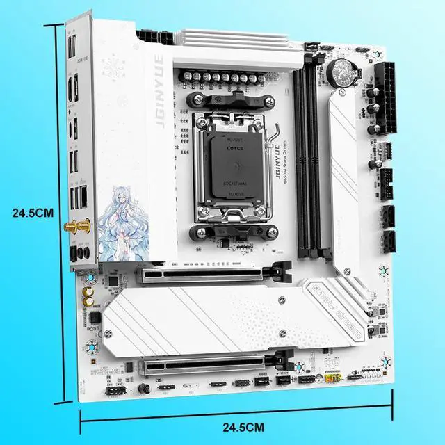 Alt view image 2 of 4 - JGINYUE B650M Snow Dream AM5 Motherboard Micro-ATX Supports AMD Ryzen 9000/8000/7000 Series Processors 2x DDR5 Memory 96G Boost 9000+MHz/OC, 1 x PCIe 4.0 x16, 3 x M.2 Gen4, 2.5G LAN