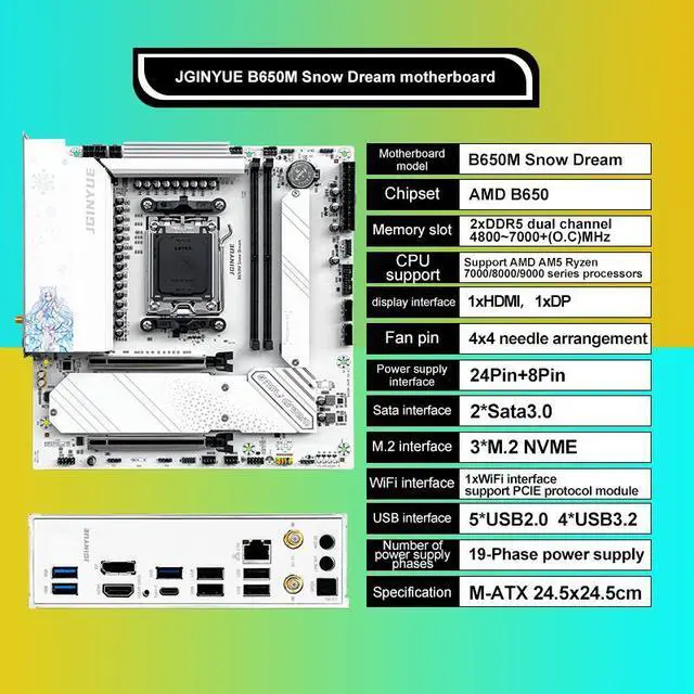 Alt view image 3 of 4 - JGINYUE B650M Snow Dream AM5 Motherboard Micro-ATX Supports AMD Ryzen 9000/8000/7000 Series Processors 2x DDR5 Memory 96G Boost 9000+MHz/OC, 1 x PCIe 4.0 x16, 3 x M.2 Gen4, 2.5G LAN