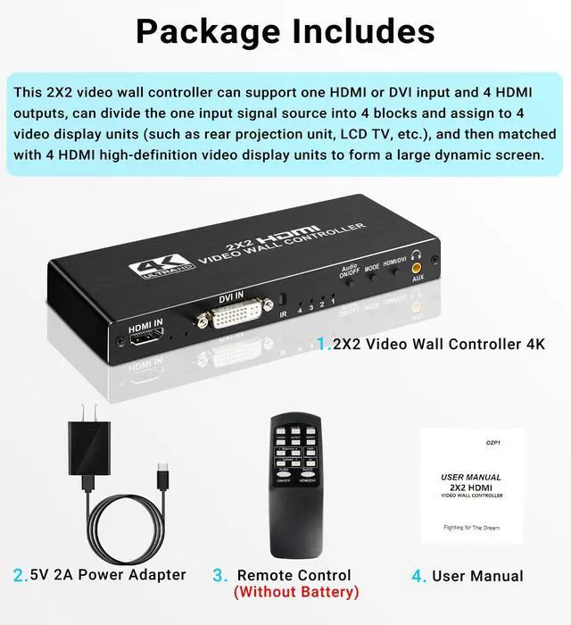 Alt view image 7 of 7 - KEHIPI  2x2 HDMI Video Wall Controller, 1080P@60Hz HDMI DVI TV Wall Processor with Audio Out, 4K Hdmi Video Image Processor with RS232, Support 180° Rotate, 1x2 1x3 1x4 2x2 2X1 3x1 4x1 Mode