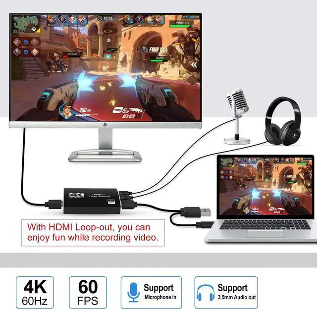 Alt view image 4 of 6 - BUCIER Capture Card 4K, 1080P HDMI Video Capture Card to USB/Type-C with Microphone and HDMI Loop-Out for Streaming, Compatible with Nintendo Switch/Game Console/Phone