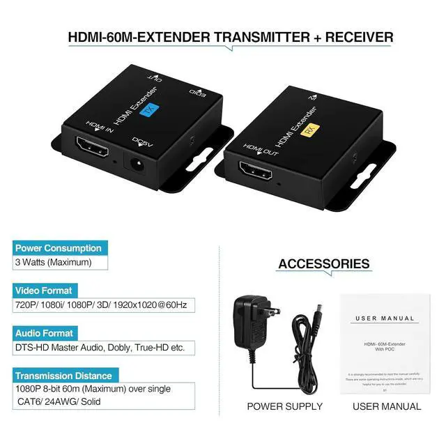 Alt view image 7 of 7 - BUCIER 196ft/60m HDMI Extender Over Cat 5e/6/7, 1080P HDMI Ethernet Extender Balun Adapter with Single POC Power Supply, Support 3D, EDID, Deep Color, Compatible with DVD, Fire Stick, Roku, PS5