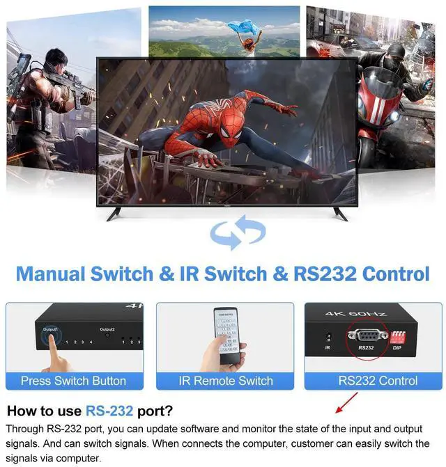 Alt view image 2 of 7 - BUCIER 4K@60Hz HDMI Matrix Switch 4x4,  HDMI Matrix Switcher Splitter 4 in 4 Out with EDID, HDMI Matrix Selector box with RS232 Control, Support Auto Downscaler, HDR, HDMI2.0, HDCP2.2, 18Gbps
