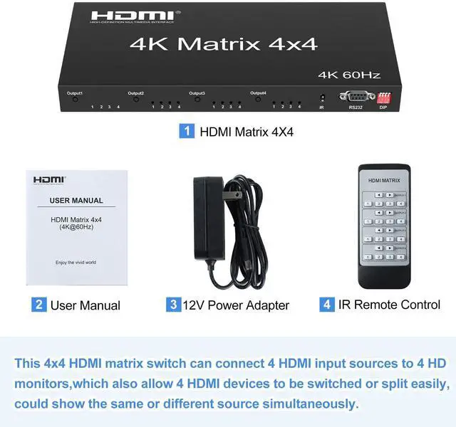 Alt view image 7 of 7 - BUCIER 4K@60Hz HDMI Matrix Switch 4x4,  HDMI Matrix Switcher Splitter 4 in 4 Out with EDID, HDMI Matrix Selector box with RS232 Control, Support Auto Downscaler, HDR, HDMI2.0, HDCP2.2, 18Gbps