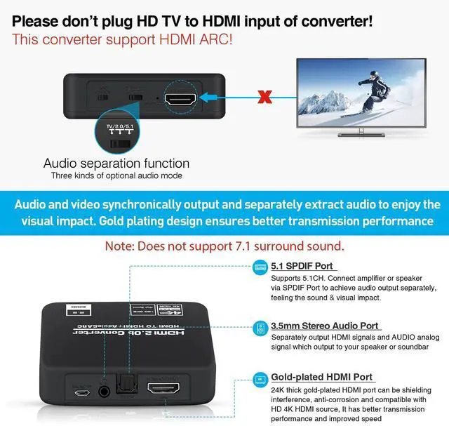 Alt view image 6 of 7 - BUCIER 4K@60Hz HDMI 2.0b Audio Extractor Converter Adapter Splitter, HDMI ARC + Optical Toslink SPDIF + 3.5mm Stereo Audio Out, Support HDCP2.2 Digital PCM DTS 5.1, (Optical/HDMI Cables Included)