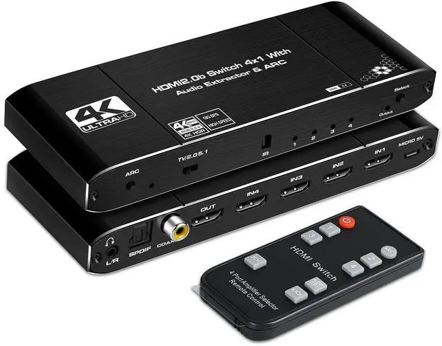 Main image of BUCIER 4K@60Hz 4x1 HDMI Switch Audio Extractor with Optical Toslink SPDIF/Coaxial/3.5mm Audio Out, 4 Ports HDMI 2.0b Switcher with Remote Control Support ARC, HDCP 2.2, 3D