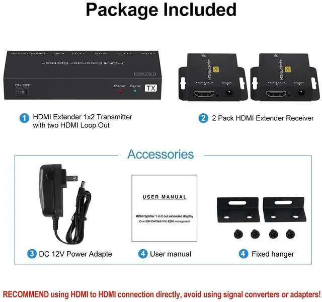 Alt view image 7 of 7 - BUCIER 1X2 HDMI Extender Splitter 165ft(50m) with 2 HDMI Local Loop-Out, 1080P@60Hz HDMI Extender 1 in 2 Out Over CAT 5e/6 with POC Power Supply, 3D EDID, HDMI to Ethernet for fire stick, TV Box