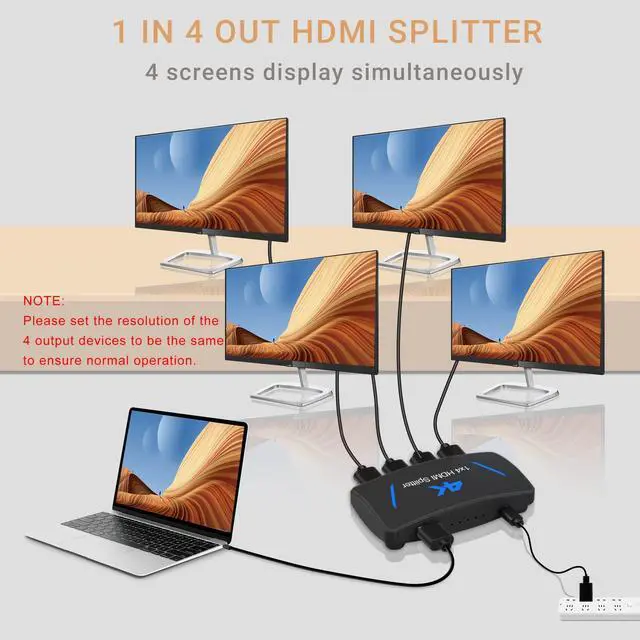 Alt view image 3 of 7 - BUCIER 4K HDMI Splitter 1 in 4 Out, 1x4 HDMI Splitter Duplicate/Mirror Screen, 4 Port HDMI Splitter Powered Support 4Kx2K@30Hz 3D for PS5, TV Box - Copy 1 Source to 4 Displays(Not Extend)