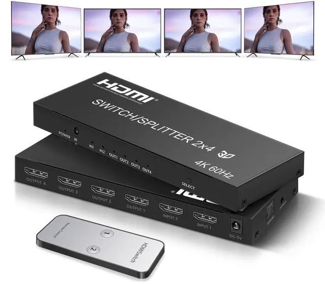 Main image of BUCIER 4K@60Hz HDMI Switch Splitter 2 in 4 Out with Remote, 2x4 HDMI Splitter Switcher 4K with SPDIF & 3.5mm Audio,Support 4K,3D,1080p,HDCP2.2,HDR 10 for PS5/4,Xbox,Fire Stick,etc