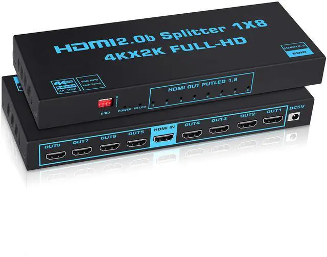 Main image of BUCIER 1x8 HDMI Splitter with EDID,  4K@60Hz HDMI2.0b Splitter 1 in 8 Out Audio Video Distributor Box with Power Adapter, Support 3D HDCP2.2, RGB8:8:8, 18.5Gbps for PS5, Fire Stick