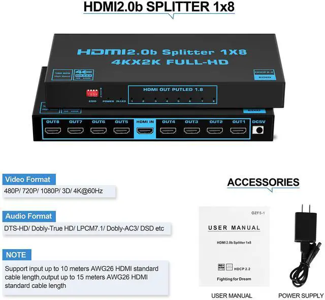 Alt view image 7 of 7 - BUCIER 1x8 HDMI Splitter with EDID,  4K@60Hz HDMI2.0b Splitter 1 in 8 Out Audio Video Distributor Box with Power Adapter, Support 3D HDCP2.2, RGB8:8:8, 18.5Gbps for PS5, Fire Stick