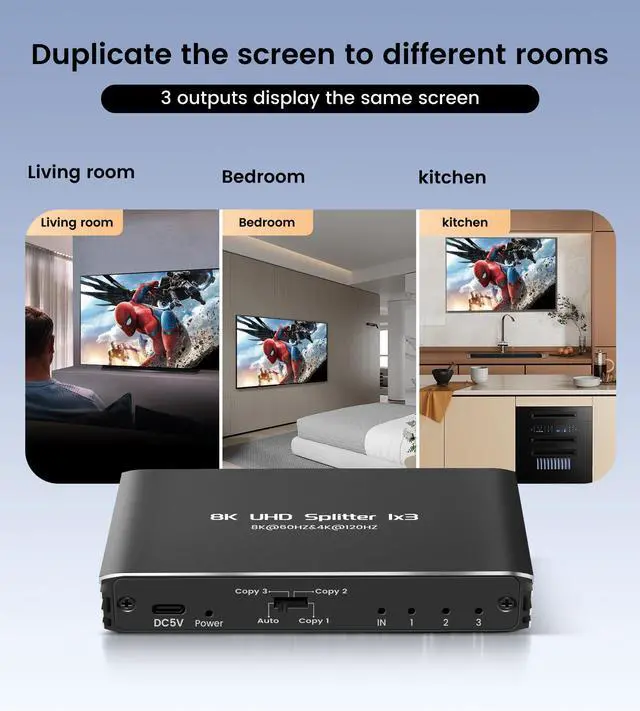 Alt view image 5 of 7 - BUCIER HDMI 2.1 Splitter 8K@60Hz 1 in 3 Out 4K@120Hz, 1×3 HDMI Splitter for Multiple Monitors(Only Copy Input Screen), Hdmi Splitters for Gaming Support 48Gbps, HDCP 2.3, RGB 4:4:4