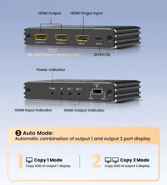 Alt view image 7 of 7 - BUCIER HDMI 2.1 Splitter 1 in 2 Out, 8K@60Hz HDMI Splitter for Mirror Screen(Not Extend Diferent Screen), Support 48Gbps,4K@120Hz, HDCP 2.3, HDR 10+, RGB 4:4:4, for PS5/Xbox/Streaming Devices