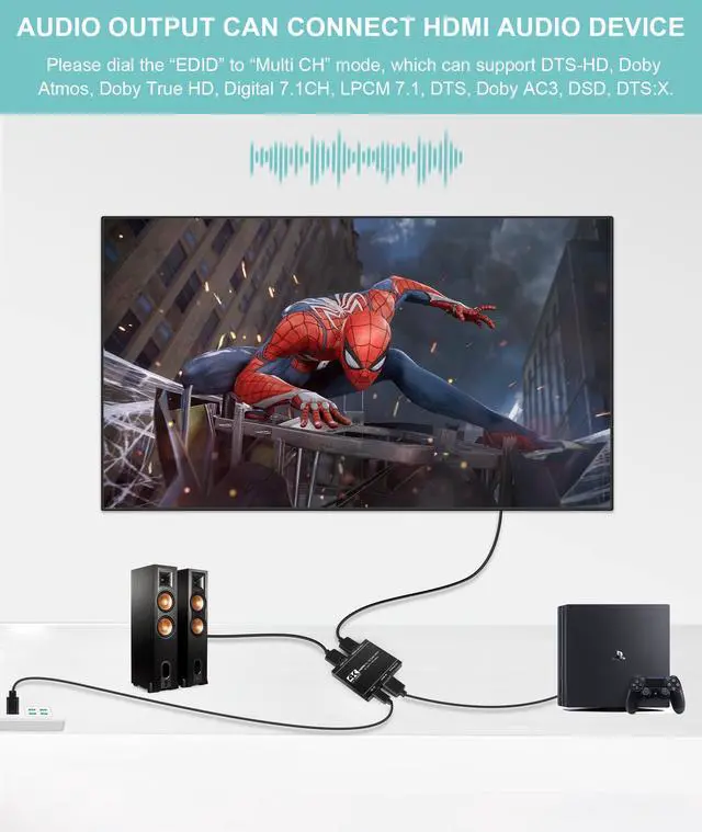 Alt view image 5 of 7 - BUCIER 4K@60Hz HDMI Splitter 1 in 2 Out, 4K HDMI Splitter for Soundbar and TV, 1x2 Hdmi Splitters Adapter Support Audio and Video Output Sync Up, 3D, 18.5Gbps, HDR, EDID, HDCP2.3