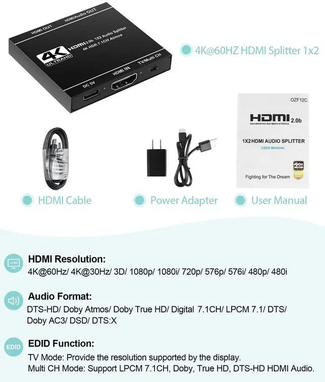 Alt view image 7 of 7 - BUCIER 4K@60Hz HDMI Splitter 1 in 2 Out, 4K HDMI Splitter for Soundbar and TV, 1x2 Hdmi Splitters Adapter Support Audio and Video Output Sync Up, 3D, 18.5Gbps, HDR, EDID, HDCP2.3