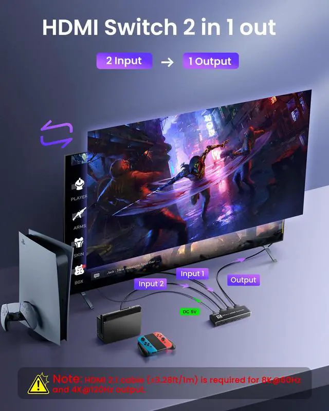 Alt view image 3 of 7 - BUCIER 8K HDMI 2.1 Switch 4K@120Hz 8K@60Hz, Bi-Directional 2 in 1 Out HDMI Switcher with Remote, Aluminum HDMI Splitter 2 in 1 Out Ultra HD Compatible with PS5 Xbox Fire Stick and More (Black)