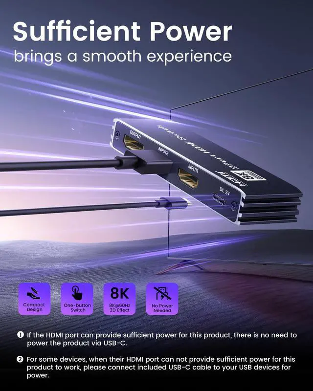 Alt view image 6 of 7 - BUCIER 8K HDMI 2.1 Switch 4K@120Hz 8K@60Hz, Bi-Directional 2 in 1 Out HDMI Switcher with Remote, Aluminum HDMI Splitter 2 in 1 Out Ultra HD Compatible with PS5 Xbox Fire Stick and More (Black)