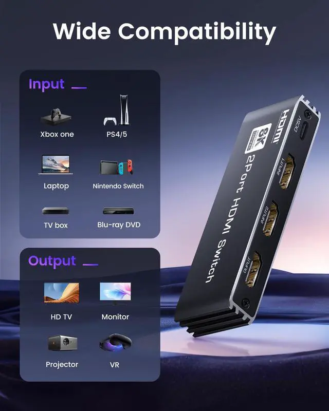 Alt view image 7 of 7 - BUCIER 8K HDMI 2.1 Switch 4K@120Hz 8K@60Hz, Bi-Directional 2 in 1 Out HDMI Switcher with Remote, Aluminum HDMI Splitter 2 in 1 Out Ultra HD Compatible with PS5 Xbox Fire Stick and More (Black)