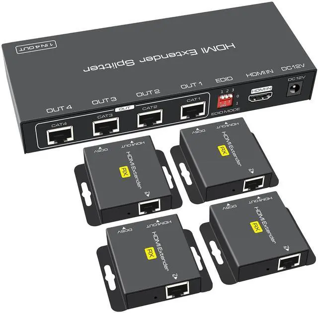 Main image of BUCIER HDMI Extender Splitter Up to 165ft 1 in 4 Out Over Cat5e or 6 or 7 Repeater Balun Ethernet Sender Transmitter Receiver Support 1080p EDID Presets POC is Only Need TX Power for Work