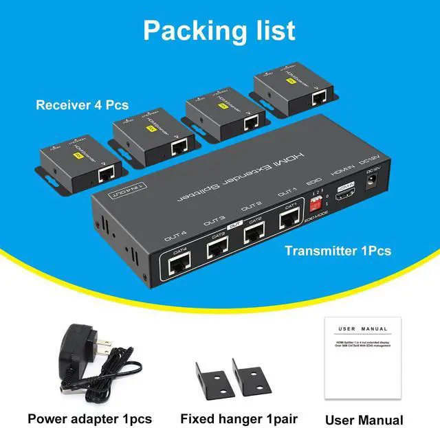 Alt view image 6 of 7 - BUCIER HDMI Extender Splitter Up to 165ft 1 in 4 Out Over Cat5e or 6 or 7 Repeater Balun Ethernet Sender Transmitter Receiver Support 1080p EDID Presets POC is Only Need TX Power for Work