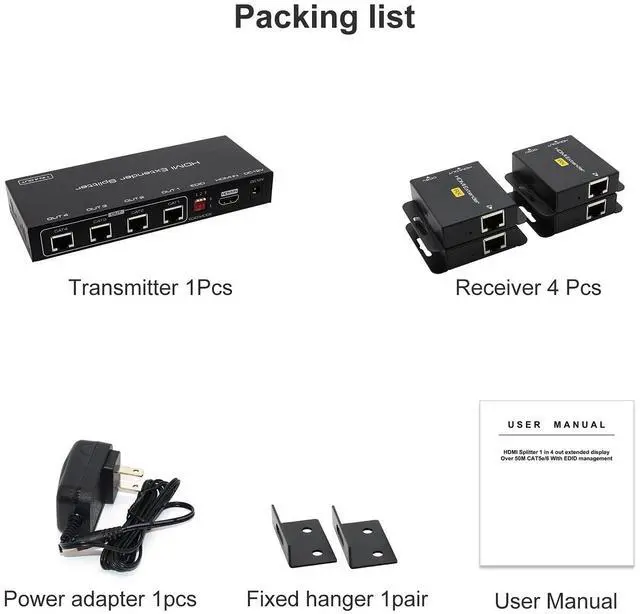 Alt view image 7 of 7 - BUCIER HDMI Extender Splitter Up to 165ft 1 in 4 Out Over Cat5e or 6 or 7 Repeater Balun Ethernet Sender Transmitter Receiver Support 1080p EDID Presets POC is Only Need TX Power for Work
