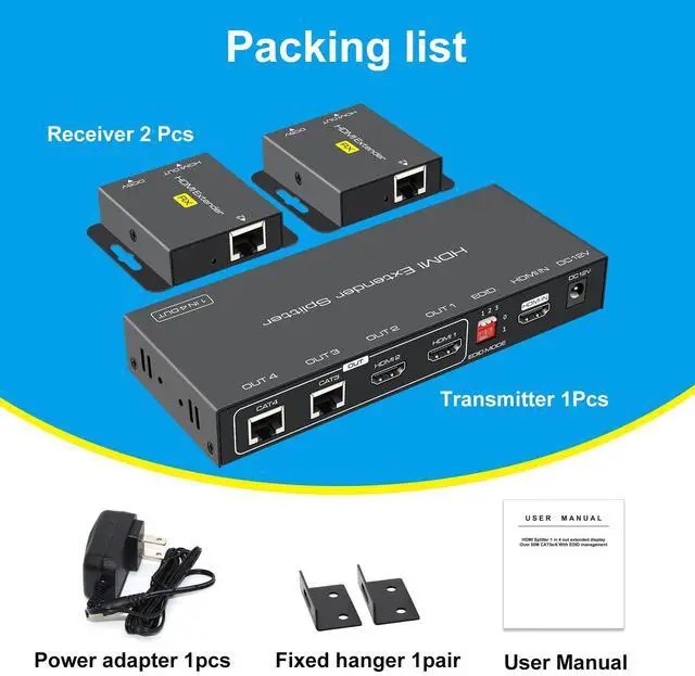 Alt view image 7 of 7 - BUCIER HDMI Extender Splitter 1 in 2 Out Over Cat5e or 6 Ethernet Adapter Up to 165FT HD1080P60Hz with Loop Support EDID Copy Settings HDCP