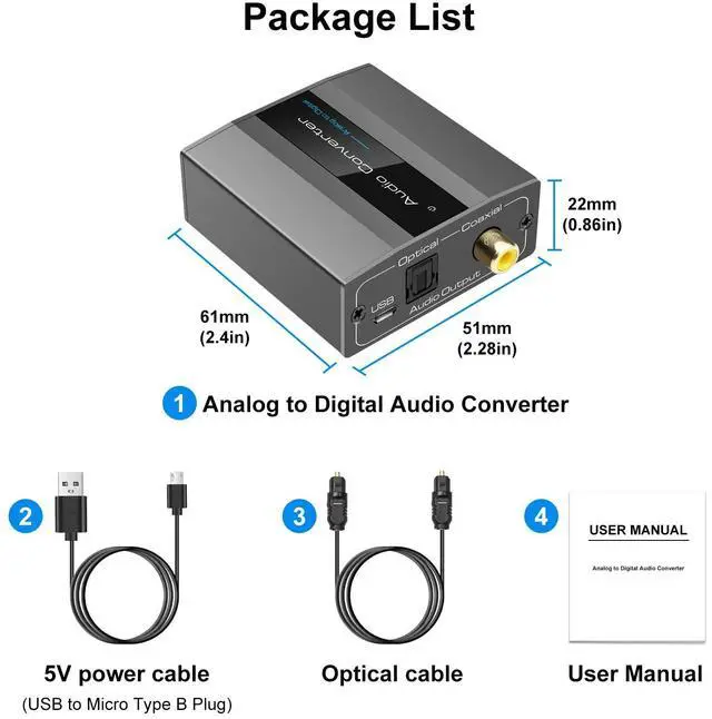Alt view image 6 of 6 - BUCIER Analog to Digital Audio Converter RCA to Optical with Cable 3.5mm AUX Jack Toslink and Coaxial Adapter for Soundbar