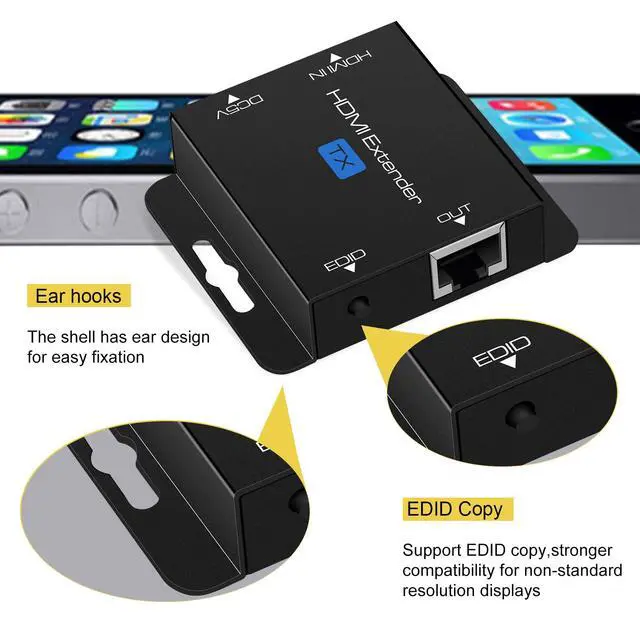Alt view image 5 of 6 - BUCIER HDMI Extender Over Single Cat6 Ethernet up to 200Ft Repeater Balun Transmitter Receiver Power on Cat Support Full 1080p 3D HDCP EDID Copy from Displays