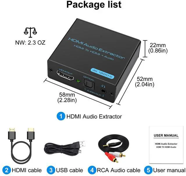 Alt view image 7 of 7 - BUCIER HDMI Audio Extractor 4K HDMI to Optical 3.5mm AUX Audio Adapter Splitter Converter Support HDCP Digital DTS 5.1 PCM