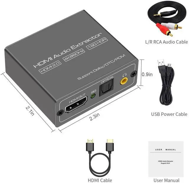 Alt view image 6 of 6 - BUCIER 4K60Hz HDMI Audio Extractor Splitter Converter to Optical and 3.5mm and AUX Adapter Supports 2.0 and 18Gpbs Bandwidth Digital DTS PCM HDR10