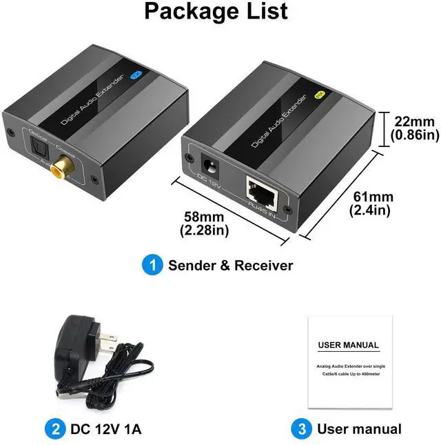 Alt view image 6 of 6 - BUCIER Optical Coaxial Digital Audio Extender Over Ethernet Single Cat5e 6 7 Cable up to 1640ft Adapter Converter Support DTS 5.1 PCM Stereo POC Power on Cat