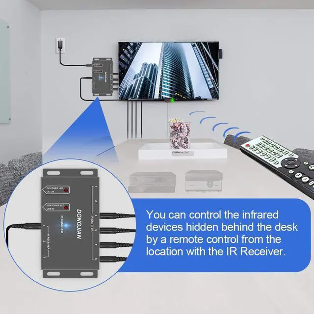 Alt view image 4 of 7 - BUCIER Infrared Remote Control Extender Kit Repeater System Control Multiple Devices Hidden IR 2 in 8 Out Support 20kHz 60kHz