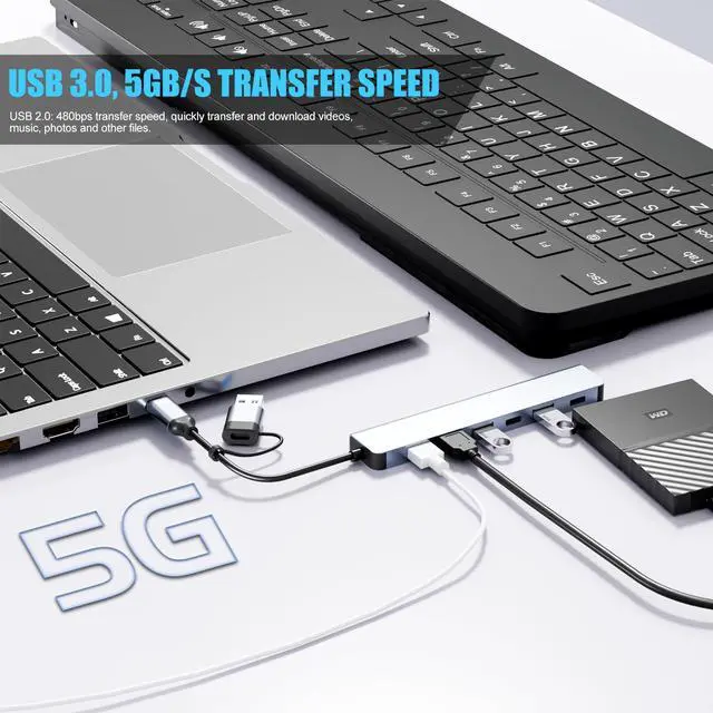 Alt view image 3 of 7 - BUCIERUpgrade USB C/USB Hub, Aluminum 7 in 1 USB C & USB Hub with USB 3.0, USB 2.0 Ports for PC/Laptops/MacBook Pro/Air/iMac/iPad and More Devices