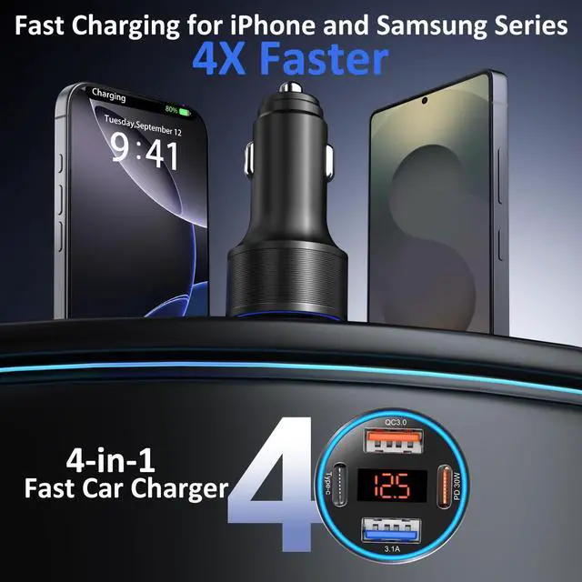 Alt view image 2 of 7 - BUCIER 3 Pack USB C Car Charger, 4-Port 65W Dual 12V USB-A & USBC Cigarette Lighter Adapter Plug with Voltmeter PD/QC 3.0 Fast Charging Car Phone Charger for iPhone 16e 15 14 13 12 11 Pro Max, Android