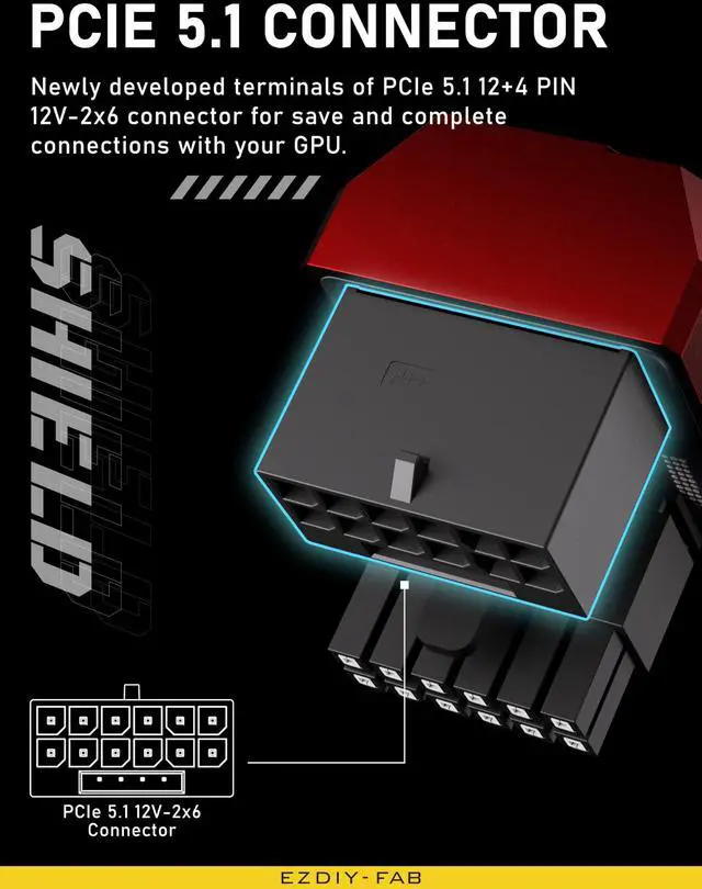 Alt view image 5 of 7 - PCIe 5.0 Adapter - 600W 12+4pin, 16pin 12VHPWR GPU Power Connector, 12V-2x6 GPU Adapter,180 Degree Right Angle - Compatible with RTX 3090Ti, 4070Ti, 4080, 4090 GPU- STD Type, Red, 1 Pack