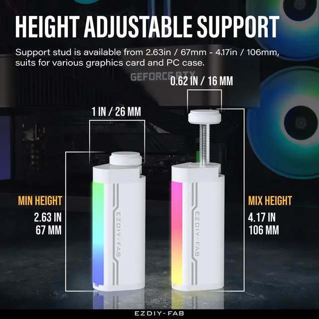 Alt view image 6 of 7 - GPU Support Bracket,5V 3PIN ARGB Graphics Card Brace, GPU Support Stand Adjustable Height ,Aluminum Video Card Sag Holder-White