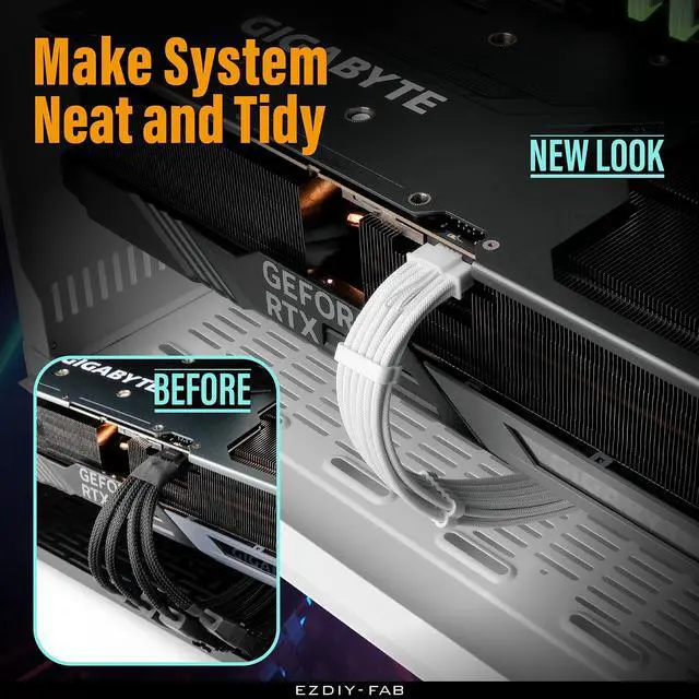 Alt view image 2 of 7 - BUCIER GPU Power Sleeved Cable Extension, 16pin(12+4) 12VHPWR PCIe 5.0 Connector Male to 3X PCIE 8 PIN for RTX4070ti/ 4080/ 3090Ti, with Pre-installed Cable Combs-16AWG/Pure White