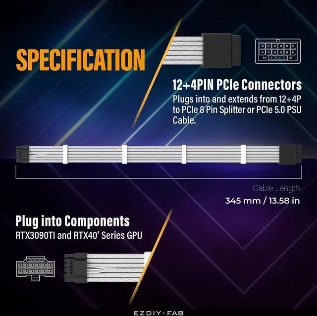 Alt view image 3 of 6 - BUCIER GPU Power Sleeved Cable Extension, 16pin(12+4) 12VHPWR PCIe 5.0 Connector Male to Female for RTX 3090Ti 4070Ti 4080 4090, with Cable Combs-16AWG/White