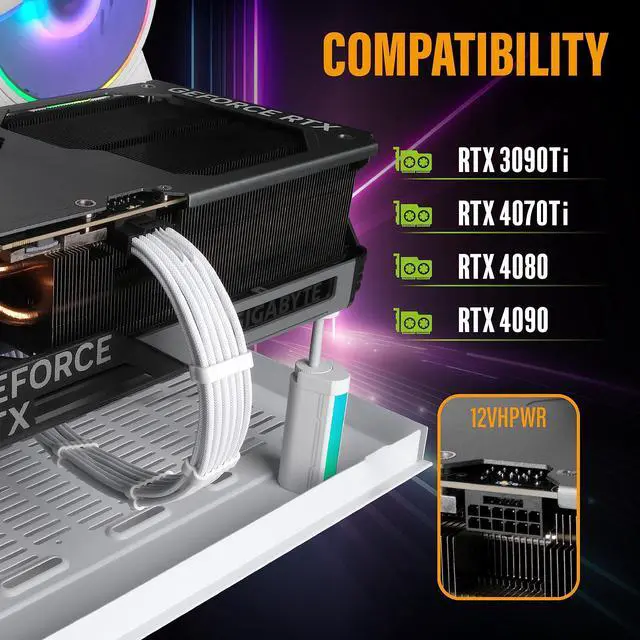 Alt view image 6 of 6 - BUCIER GPU Power Sleeved Cable Extension, 16pin(12+4) 12VHPWR PCIe 5.0 Connector Male to Female for RTX 3090Ti 4070Ti 4080 4090, with Cable Combs-16AWG/White